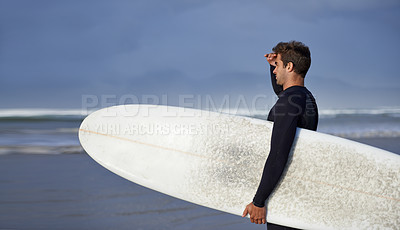 Buy stock photo Looking, surfing and man with surfboard at beach for, waves on summer vacation, weekend and holiday by sea. Travel, nature and person by ocean for water sports, adventure and hobby in Australia