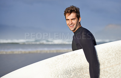 Buy stock photo Happy, surfing and portrait of man on beach with surfboard for waves on summer vacation, weekend or holiday by sea. Travel, nature and person by ocean for water sports, adventure and fun in Australia