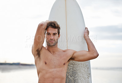 Buy stock photo Man, portrait and surfboard on beach for waves, exercise or outdoor hobby in fitness, surfing or practice. Active male person or surfer with board for training at seaside or ocean coast in nature