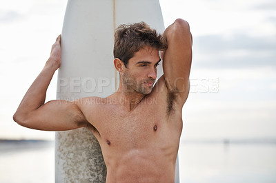 Buy stock photo Sports, beach and shirtless surfer man outdoor on summer morning for travel, holiday or vacation. Fitness, health and body of young person with surfboard by ocean for exercise, training or hobby