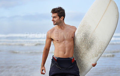 Buy stock photo Happy man, surfboard and beach for fitness, waves or exercise in outdoor hobby, surfing or practice. Active young male person or surfer smile with board for training, seaside or ocean coast in nature