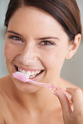 Buy stock photo Toothbrush, happy and portrait of woman in bathroom for dental care, oral hygiene and cleaning. Healthcare, whitening and face of person brushing teeth with toothpaste for wellness and healthy mouth