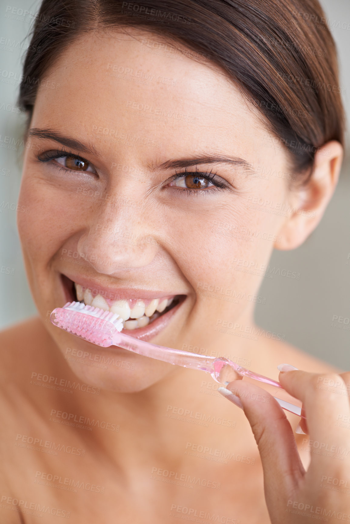 Buy stock photo Toothbrush, happy and portrait of woman in bathroom for dental care, oral hygiene and cleaning. Healthcare, whitening and face of person brushing teeth with toothpaste for wellness and healthy mouth
