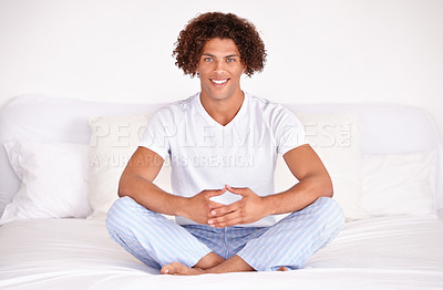 Buy stock photo Man, happy and portrait in bed on vacation, lazy and comfortable on morning at home. Male person, peaceful and satisfaction while resting in bedroom, relaxing and good mood on holiday or getaway