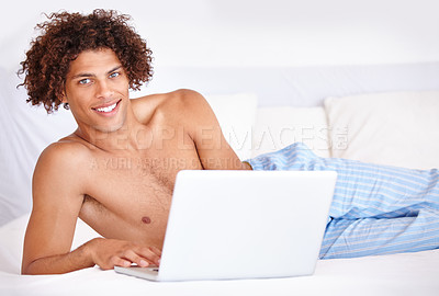 Buy stock photo Laptop, bedroom and portrait of happy man with online research, social media blog and morning news from USA. Technology, home bed and computer user with web search on freelance remote work
