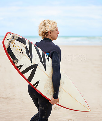 Buy stock photo Surfer, board and back for thinking at beach, training or fitness on vacation in summer with workout. Person, surfboard and sport for wellness, health and ideas by ocean, waves or freedom on holiday