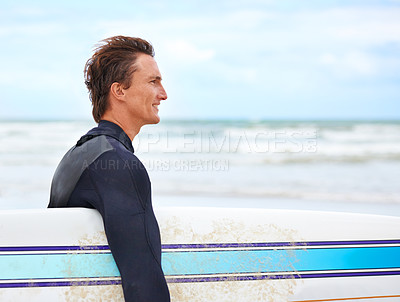 Buy stock photo Surfer man, walking and smile at beach with space, waves and outdoor with thinking, vision and exercise. Person, surfboard and freedom with ideas for workout, adventure or wellness in summer by ocean