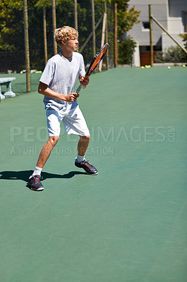 Buy stock photo Tennis, teenager and fitness with training, game and performance with progress and workout. Person, player or athlete with racket or court with sports, competition or hobby with sunshine or wellness