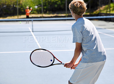 Buy stock photo Tennis, back and person with energy, competition and performance with progress and workout. Teenager, player and athlete with racket and court with sports, serve and game with sunshine and practice