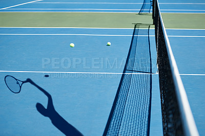 Buy stock photo Shadow figure, tennis and player on a court, fitness and sunshine with competition and hobby. Person, outdoor and athlete with exercise and workout with training and activity with game and sports