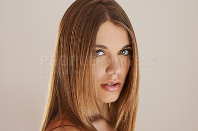 Buy stock photo Woman, portrait and makeup cosmetics in studio for skincare glow or treatment, dermatology or brown background. Female person, face and model beauty for hair self care, confidence or mockup space