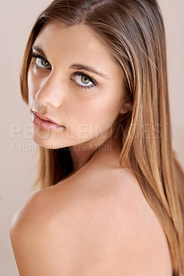 Buy stock photo Confident, cosmetics and portrait of young woman with natural, glow and glamour facial routine. Makeup, beauty and serious attractive female person with self care, dermatology and face treatment.