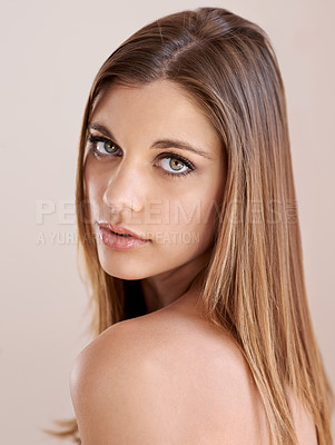 Buy stock photo Beauty, makeup and portrait of young woman with natural, glow and glamour facial routine. Confidence, cosmetics and serious attractive female person with self care, dermatology and face treatment.