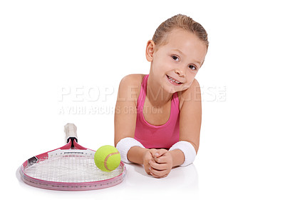 Buy stock photo Tennis, sports and portrait of happy girl on a white background for training, workout or exercise. Fitness, smile and isolated young girl with racket for hobby, activity or fun for wellness in studio