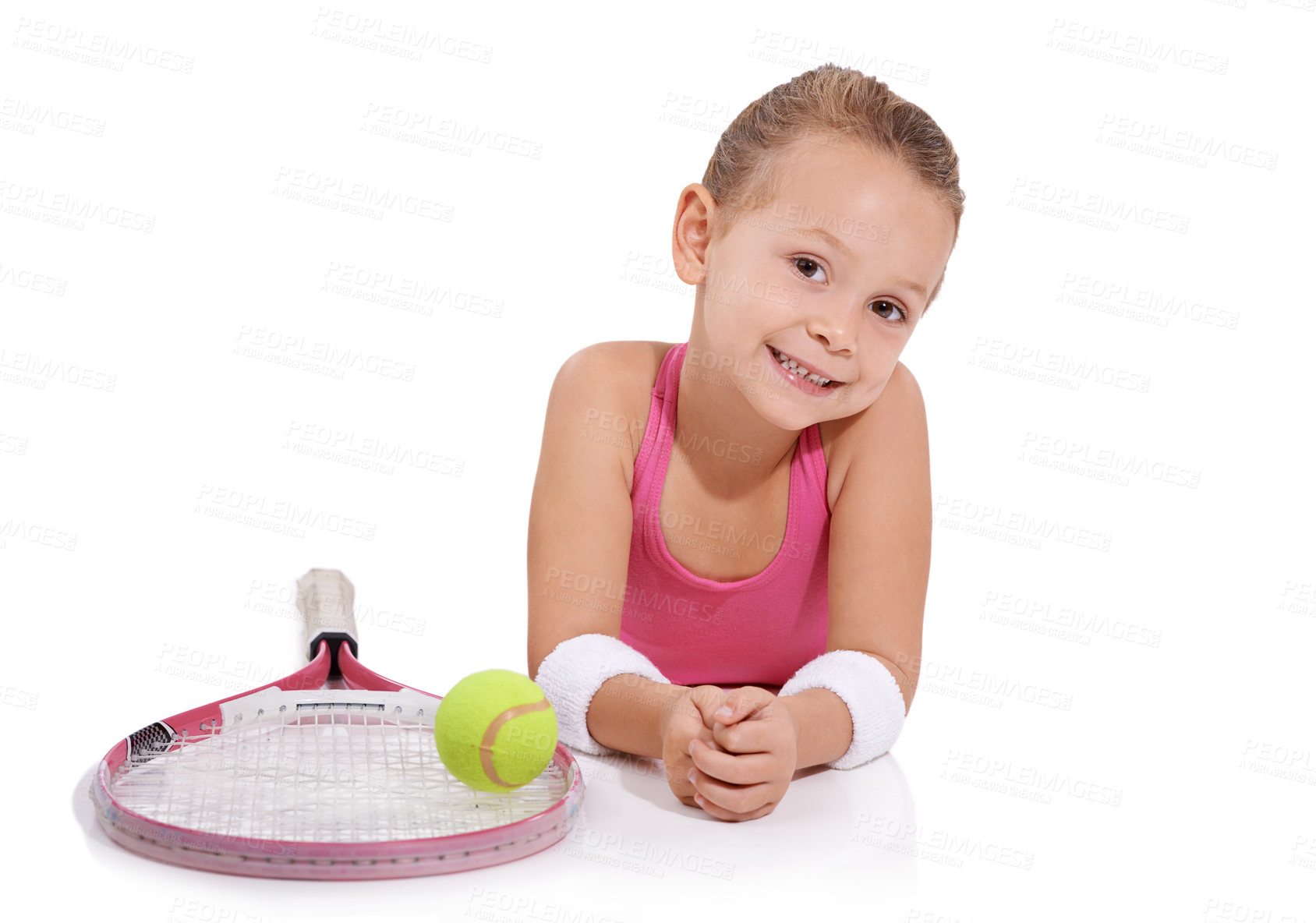 Buy stock photo Tennis, sports and portrait of happy girl on a white background for training, workout or exercise. Fitness, smile and isolated young girl with racket for hobby, activity or fun for wellness in studio