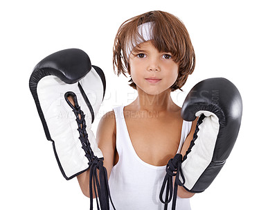 Buy stock photo Boxing, training and portrait of child with gloves for learning martial arts in white background. Boxer, gear and kid in mma sport for self defense, exercise and practice for competition in studio