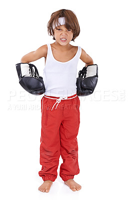 Buy stock photo Boxing, fight and angry portrait of child in with courage for martial arts in white background. Challenge, boxer or kid with mma training in self defense, exercise or practice with gear in studio