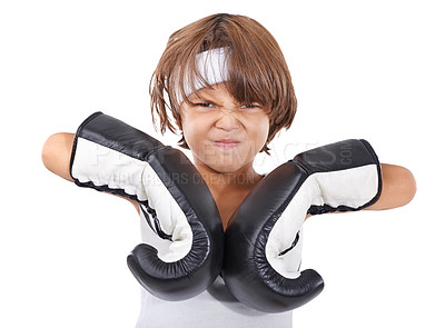 Buy stock photo Boxing, gloves and portrait of child in fight with anger and learning martial arts in white background. Challenge, boxer or kid with training in self defense, exercise or practice with gear in studio