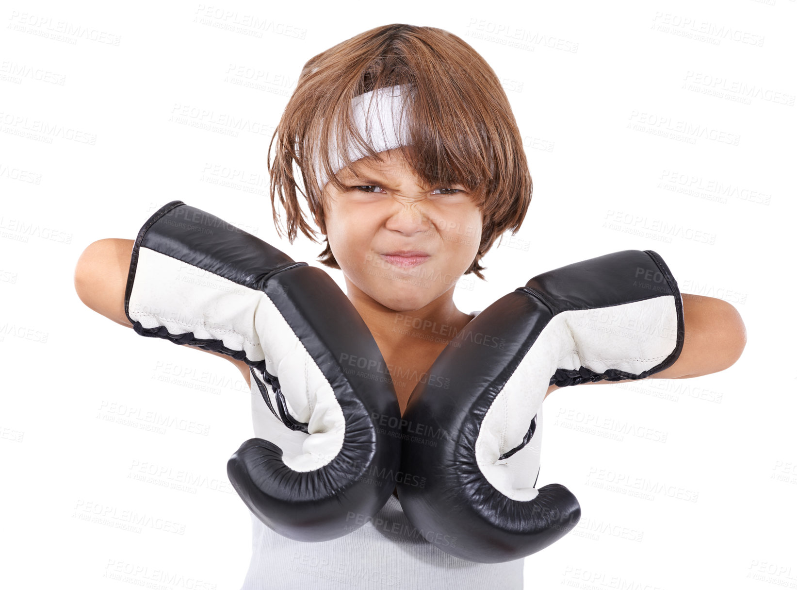 Buy stock photo Boxing, gloves and portrait of child in fight with anger and learning martial arts in white background. Challenge, boxer or kid with training in self defense, exercise or practice with gear in studio