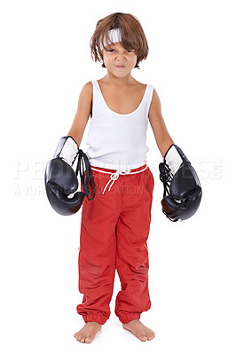 Buy stock photo Boxing, child and angry portrait for fight with courage for martial arts in white background. Challenge, boxer or kid with mma training in self defense, exercise or practice with gear in studio