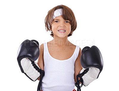 Buy stock photo Happy, boxing and portrait of child in fight with courage and learning martial arts in white background. Boxer, gloves or kid with training in self defense, exercise or practice with fist in gear