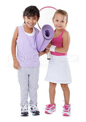 Buy stock photo Tennis, sports and portrait of children on a white background for training, workout and exercise. Fitness, friends and isolated young kids with yoga mat, racket and equipment for hobby in studio