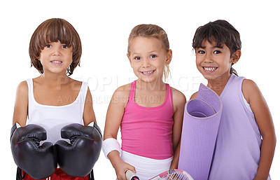 Buy stock photo Portrait, sports and exercise with children or friends in studio isolated on white background for wellness or training. Health, fitness and kids together for tennis game, yoga or boxing workout