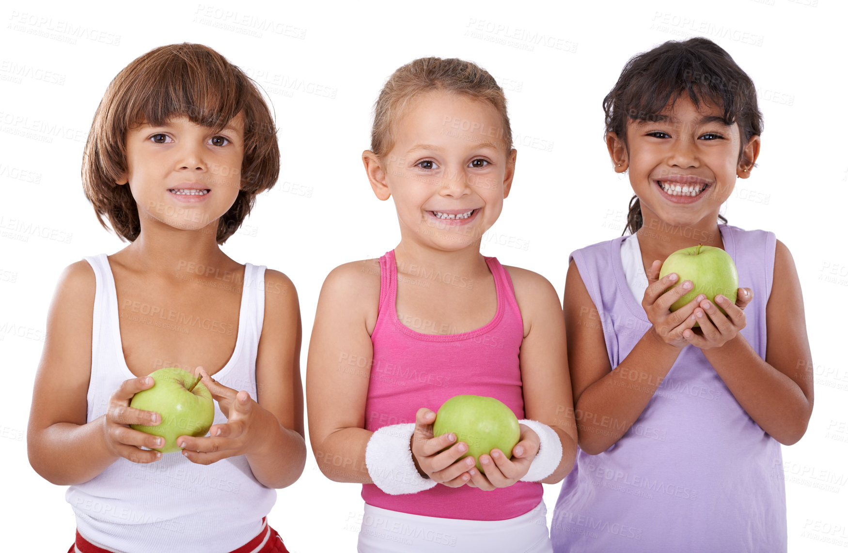 Buy stock photo Portrait, apple or happy kids with nutrition, wellness or healthy diet in studio isolated on white background. Food, children or face of a young friends with natural fruits for vitamin c with smile