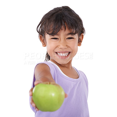 Buy stock photo Girl, kid and apple for health and portrait, diet and vegan snack with nutrition and wellness on white background. Organic fruit, healthy food and vitamin c for balance and benefits in studio