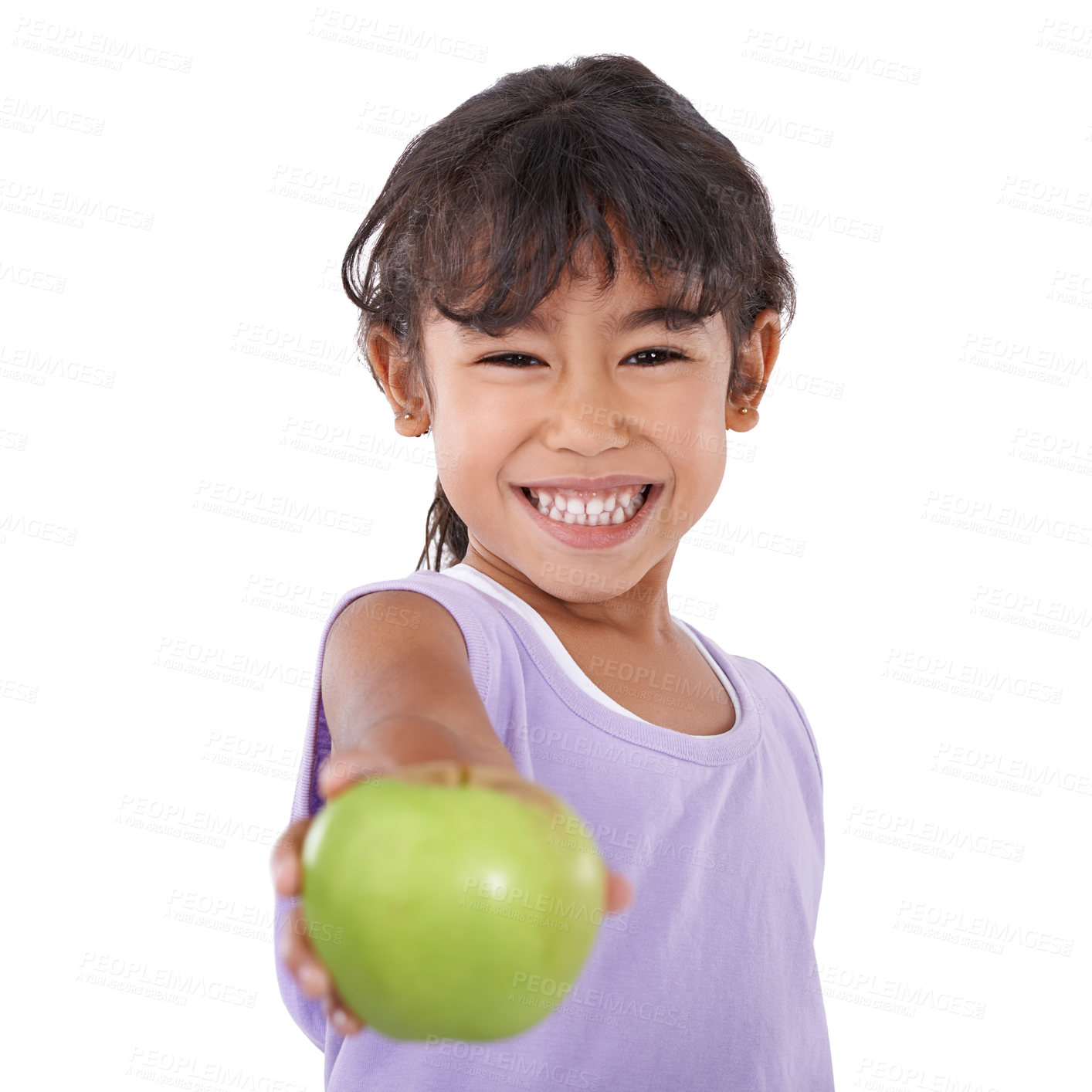 Buy stock photo Girl, kid and apple for health and portrait, diet and vegan snack with nutrition and wellness on white background. Organic fruit, healthy food and vitamin c for balance and benefits in studio