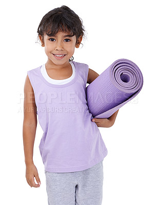 Buy stock photo An adorable little girl standing with her yoga mat