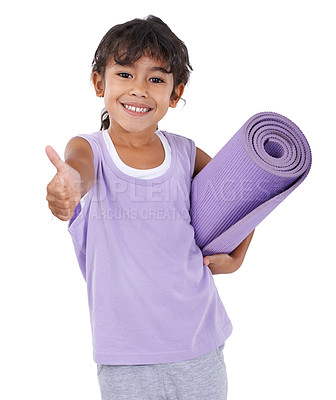 Buy stock photo Portrait, girl and kid with thumbs up, yoga mat and wellness isolated on a white studio background. Model, exercise and child with agreement and healthy with smile and workout with hobby and active