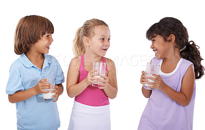 Buy stock photo Milk, mustache and children with drink on face with nutrition, health and funny in white background of studio. Dairy, calcium and kids smile with energy and benefits in diet for teeth and growth