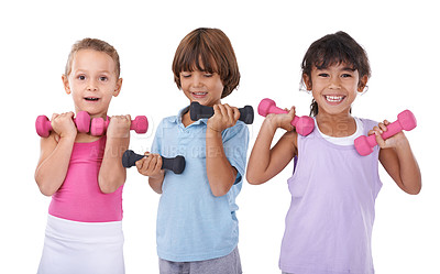 Buy stock photo Children, dumbbells for weightlifting and portrait, fitness and health with friends on white background. Strong, muscle and happy kids together in studio for exercise, gym equipment and workout