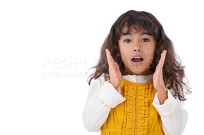 Buy stock photo Surprise, portrait and girl kid in studio, facial expression and emoji with announcement or gossip on white background. Drama, crisis or news with wow face, mockup space and emotion with shock