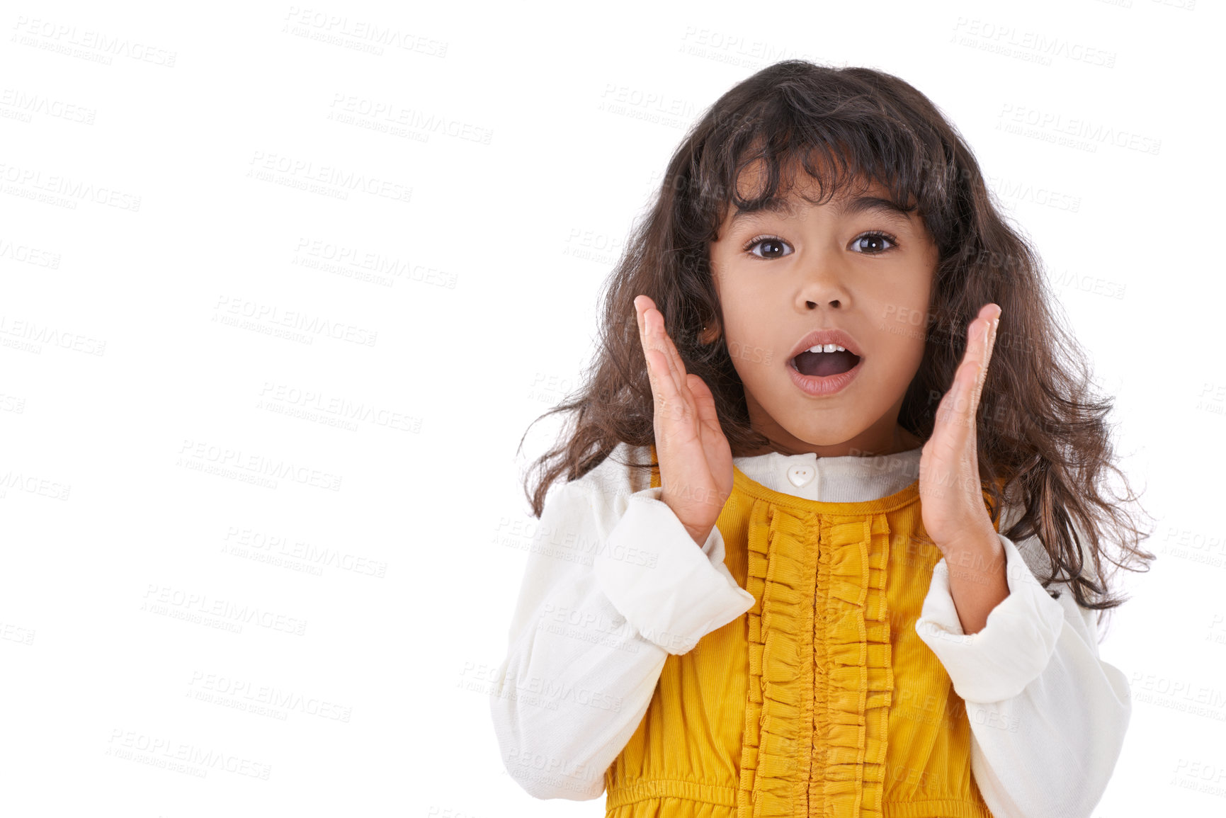 Buy stock photo Surprise, portrait and girl kid in studio, facial expression and emoji with announcement or gossip on white background. Drama, crisis or news with wow face, mockup space and emotion with shock