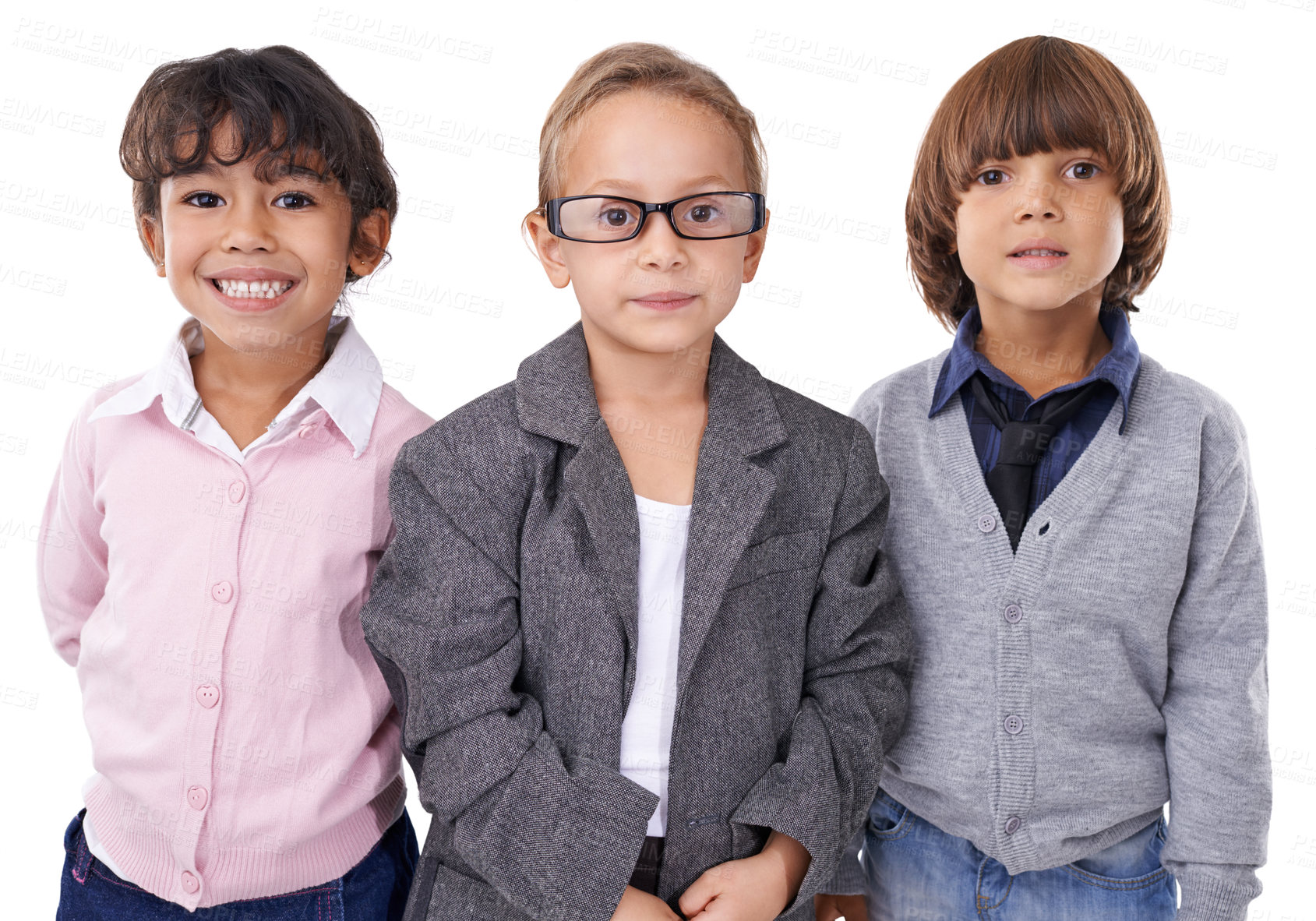 Buy stock photo Portrait, children with business clothes and friends in studio isolated on white background to imagine career. Smile, work or job with boy and girl kids in corporate suit clothing for profession