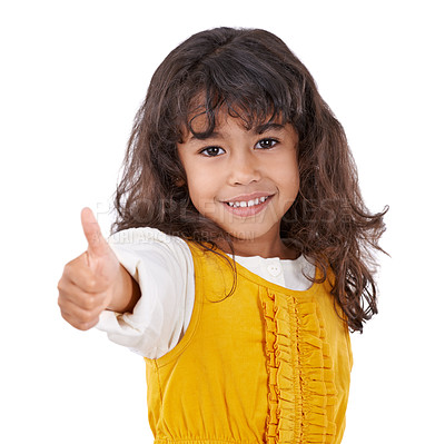 Buy stock photo Portrait of a cute little girl showing a thumbs up