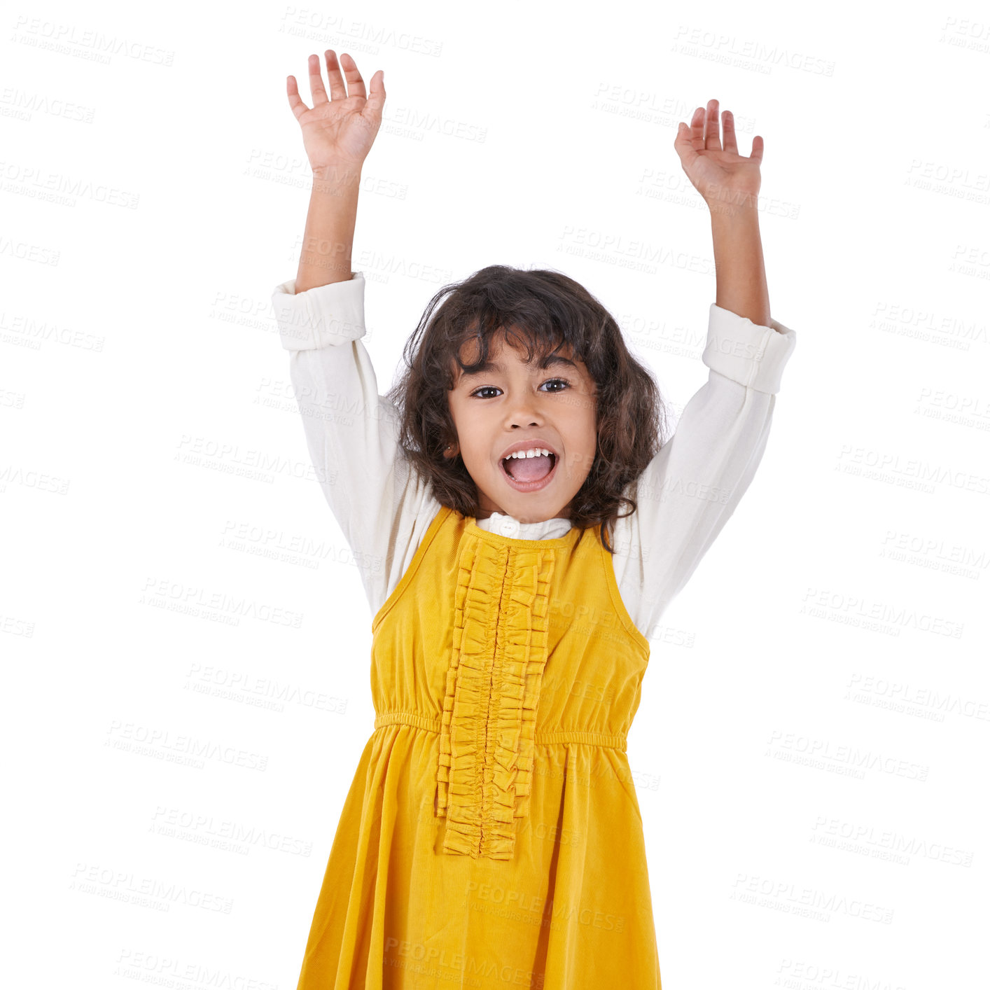 Buy stock photo Girl, kid and excited with arms up for celebration, party and happiness on white background. Cheers, positivity and energy with youth, winner and goals with yes reaction, achievement and success