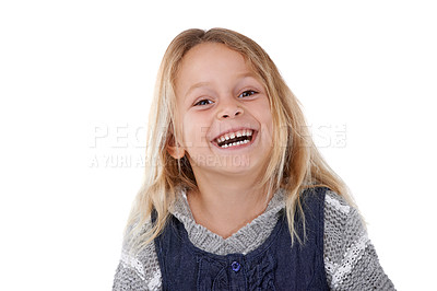 Buy stock photo Laughing, happy and portrait of child on a white background with trendy clothes, style and fashion. Childhood, facial expression and isolated young kid with funny joke, humor and happiness in studio