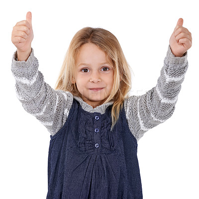 Buy stock photo Thumbs up, happy and portrait of girl on a white background for success, good news and approve. Emoji, thank you and isolated young child with hand gesture for agreement, yes and like sign in studio