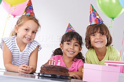 Buy stock photo Friends, children in portrait and birthday cake, party and candles with happy people celebrate, youth and dessert. Special day, together in festive mood and kids smile for social event with chocolate