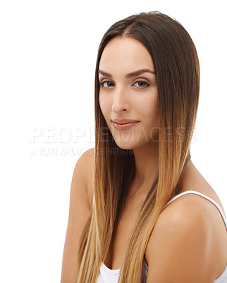 Buy stock photo Woman, straight hair and natural beauty in portrait isolated on a white studio background. Face, hairstyle and young model in cosmetics, care at hairdresser salon treatment or skincare glow to shine