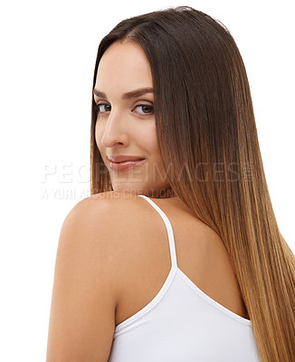 Buy stock photo Woman, long hair and natural beauty in portrait isolated on a white studio background. Face, hairstyle and back of young model in cosmetics, care at hairdresser salon treatment or  body skin glow