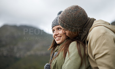 Buy stock photo Couple, kiss and love on hike in nature together, bonding and romance in outdoors on mountain. Winter, people and security and connection in relationship or marriage, holiday and trekking adventure