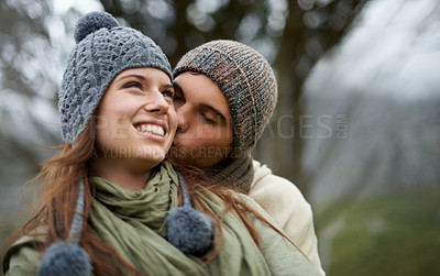 Buy stock photo Couple, kiss and happy outdoor with travel for bonding, love and relationship with winter or holiday. Man, woman and face with embrace or smile on vacation, trip and carefree with romance and care
