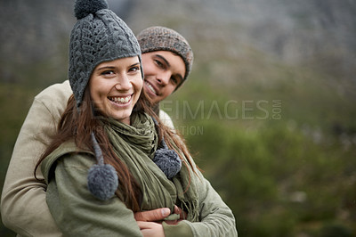 Buy stock photo Couple, hug and portrait on hiking vacation in outdoors, love and bonding in relationship for connection. People, embrace and travel for exploration, trekking and security in marriage on mountain