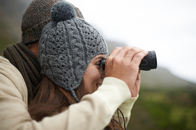 Buy stock photo Happiness, binocular and face of hiking couple looking at outdoor view of nature journey, travel adventure or active walk. Profile, trekking and people explore destination, bird watching or wellness