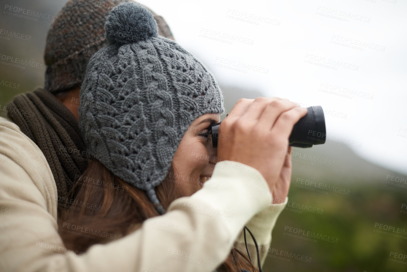 Buy stock photo Happiness, binocular and face of hiking couple looking at outdoor view of nature journey, travel adventure or active walk. Profile, trekking and people explore destination, bird watching or wellness