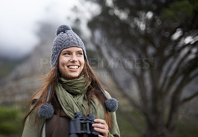 Buy stock photo Happiness, binocular and nature woman on hiking journey, travel adventure or relax walk. Mockup space, trekking woods and hiker smile for jungle exploration, bird watching and looking at outdoor view